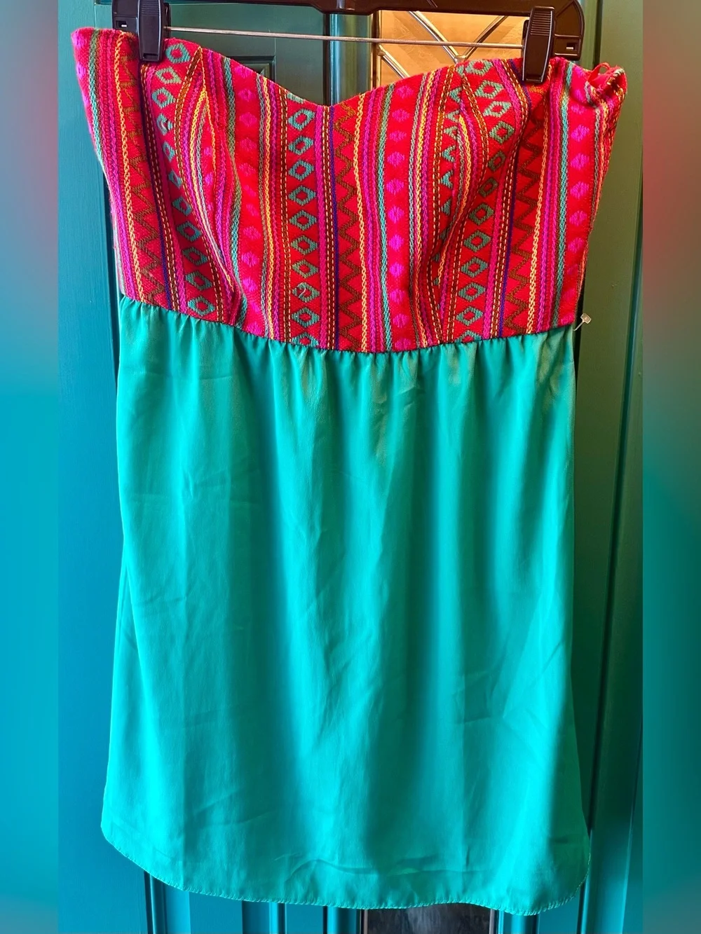 Judith March Strapless Embroidered Dress Southwestern Pink Turquoise Teal Mini L